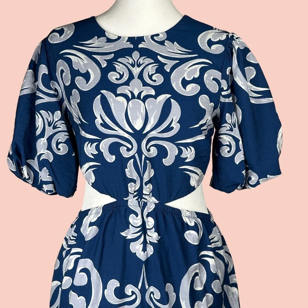 Abercrombie & Fitch Dress XS Blue Waist Cutout Damask Puff Sleeve Maxi Midi Boho